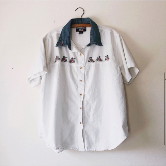 Vintage 90s white denim button up shirt short sleeve XL - Picture 3 of 6